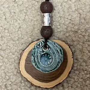 Hand Crafted Blue Pottery and Wood Pendant Necklace